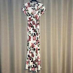 Reference White Floral Maxi Wrap Dress - Pink and Green, Size XS